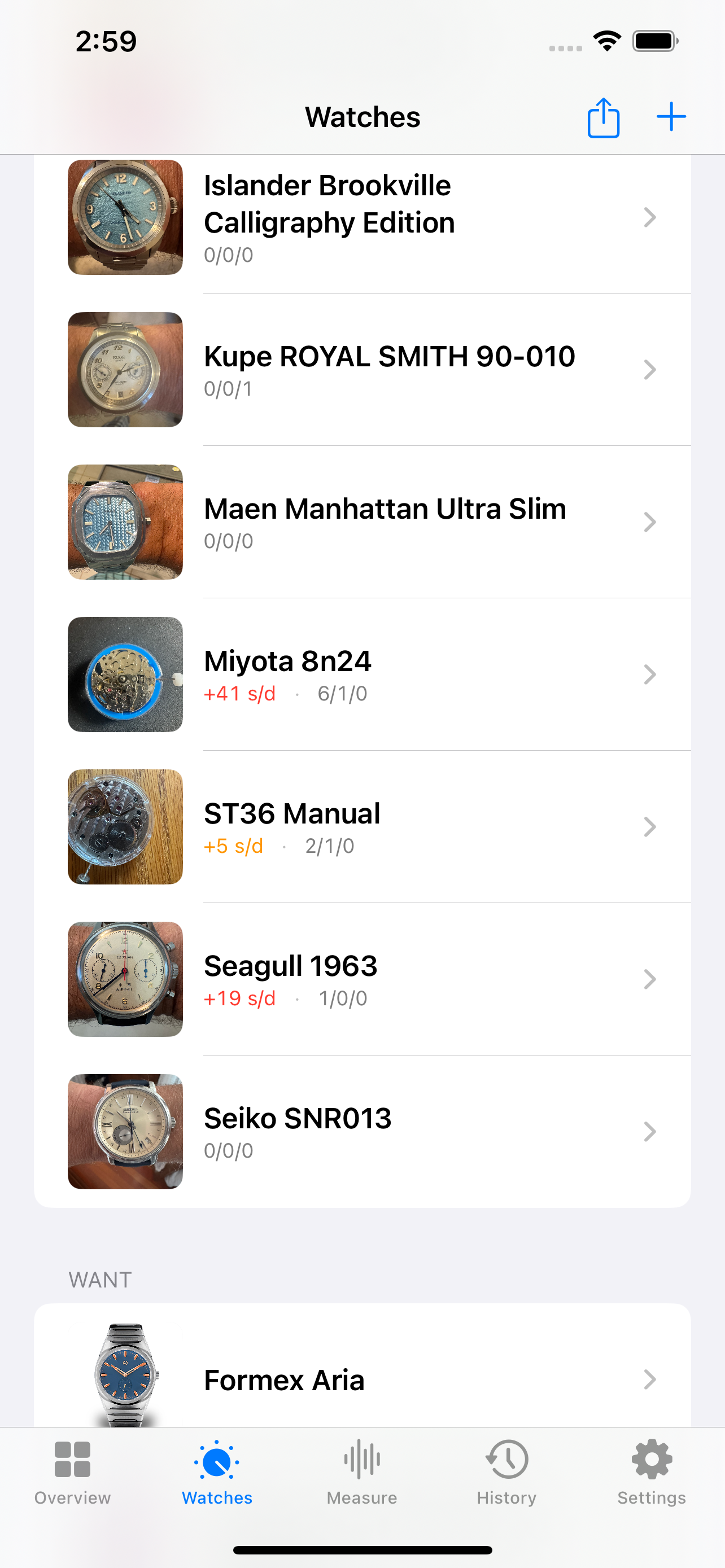 Watch library listing all watches in the collection