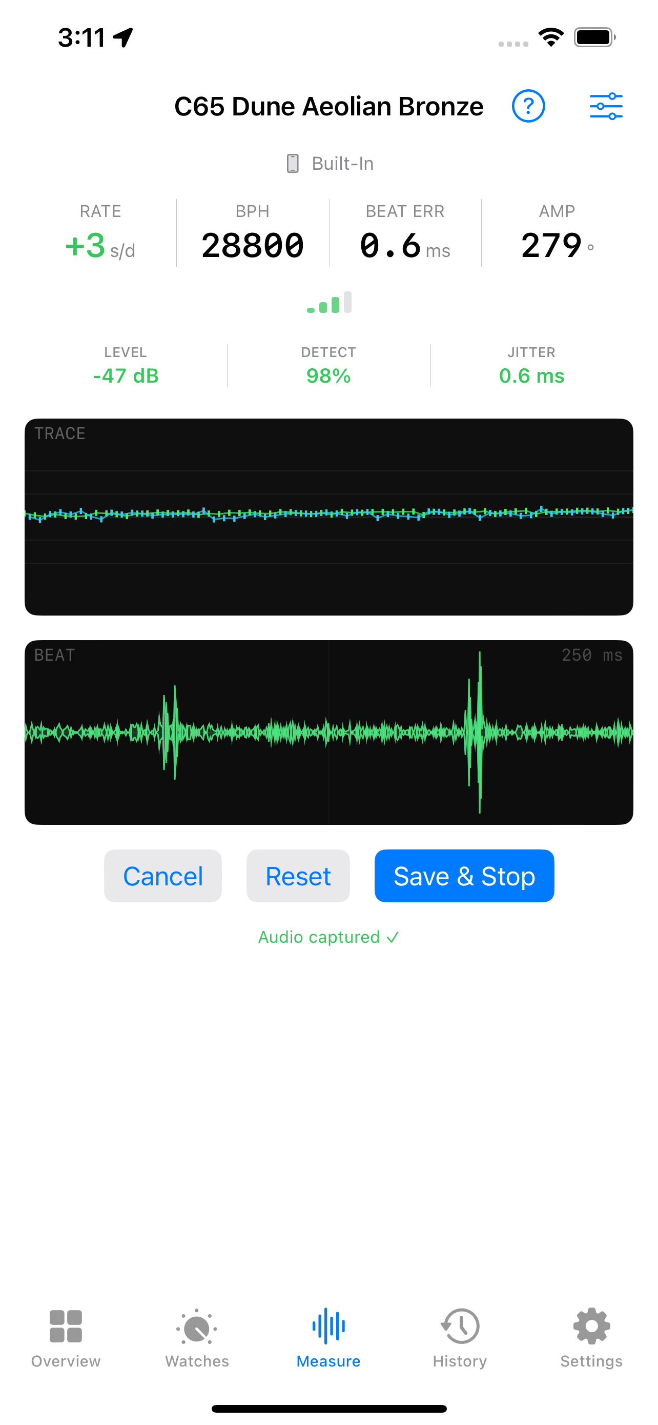 Live measurement screen showing rate, amplitude and beat error